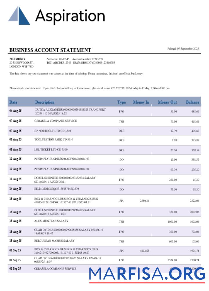 Downloadable Aspiration bank business account statement Word and PDF template